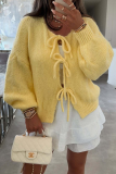 Pink Casual Lace Up O Neck Long Sleeve Knitted Cardigan Sweater Jacket