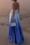 Blue Casual Gradient Print Backless Sleeveless Ruffle Hem Long Vacation A Line Maxi Slip Dresses