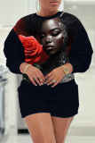Dark Red Casual Figure Print O Neck Long Sleeve Sweatshirt And Shorts Two Pieces Shorts Sets