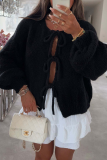 Pink Casual Lace Up O Neck Long Sleeve Knitted Cardigan Sweater Jacket
