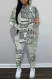 Light Blue Graphcis Print Long Sleeve Hooded Sweatshirt And Drawstring Pants Sportwear Casual Two Pieces Sweatpant Set