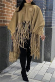 Khaki Turtleneck Lantern Sleeve Fringe Top Plus Size Tassel Pullover Poncho Coat Faux Suede Shawl