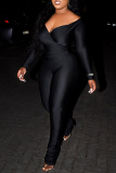 Black Casual V Neck Long Sleeve Tops And Skinny Pants Two Pieces Trouser Sets