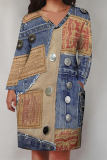 Light Blue Casual Letter Print Pocket V Neck Long Sleeve Straight Plus Size Midi Dresses