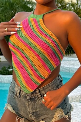 Green Orange Sleeveless Backless Irregular Hem Belted Knitted Crochet Halter Crop Tops