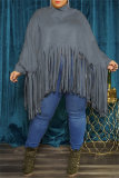 Khaki Turtleneck Lantern Sleeve Fringe Top Plus Size Tassel Pullover Poncho Coat Faux Suede Shawl