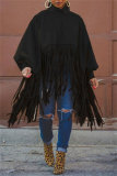 Khaki Turtleneck Lantern Sleeve Fringe Top Plus Size Tassel Pullover Poncho Coat Faux Suede Shawl