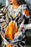 Green Casual African Graphics Print O Neck Flare Sleeve Long Loose Vacation Maxi Dresses