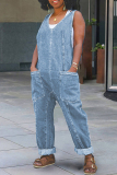 Light Blue Casual Backless Spaghetti Strap Sleeveless Pocket Fitted Denim Jumpsuits Overall