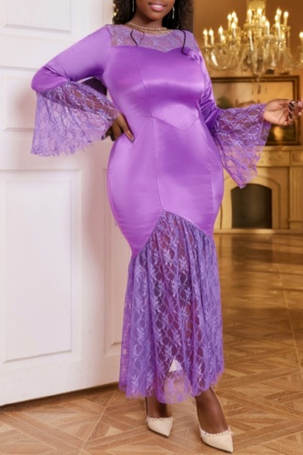 Purple O Neck Flare Sleeve Lace Patchwork Formal Evening Party Fishtail Bodycon Maxi Dress