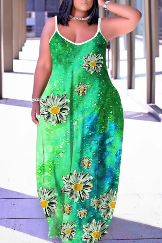 White Black Floral Print U Neck Backless Spaghetti Strap Floor Length Vacation Baggy Sundress Slip Maxi Dress