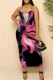 Rose Red Casual Floral Print Sleeveless Backless Spaghetti Strap U Neck Vacation Bodycon Maxi Slip Dress