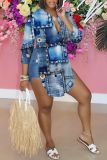 Royal Blue Casual Graphics Print Shirt Collar Long Sleeve Vacation Side Slit Blouse