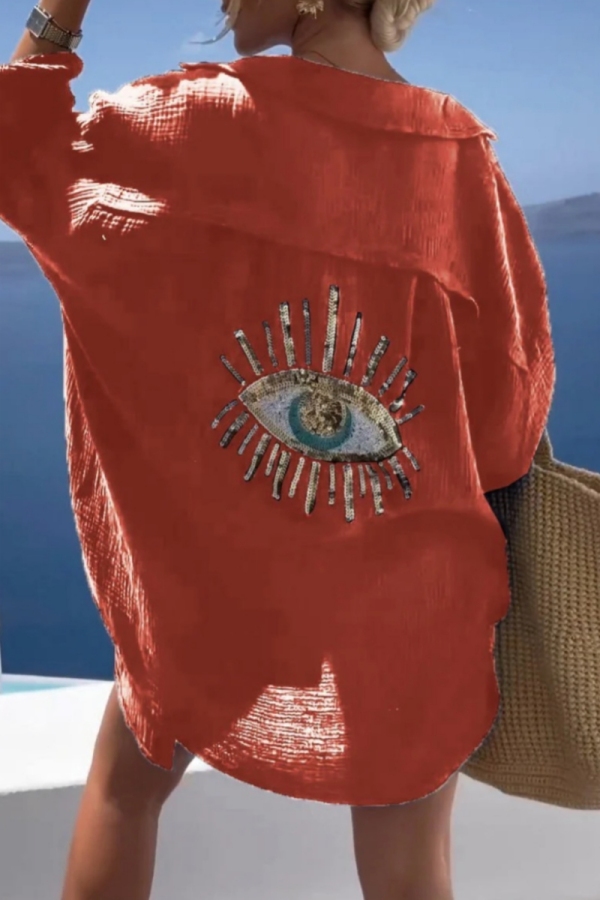Rose Red Casual Eye Print Sequins Turndown Collar Long Sleeve Vacation Cotton And Linen Shirt