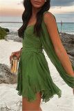 Green Print Backless V Neck Long Sleeve Cross Straps Formal Evening Party Vacation Lace Mini Dresses