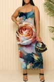 Rose Red Casual Floral Print Sleeveless Backless Spaghetti Strap U Neck Vacation Bodycon Maxi Slip Dress