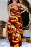Black White Halloween Pumpkin Print U Neck Backless Spaghetti Strap Floor Length Vacation Baggy Sundress Slip Maxi Dress