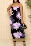 Rose Red Casual Floral Print Sleeveless Backless Spaghetti Strap U Neck Vacation Bodycon Maxi Slip Dress