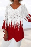Pink Casual Print V Neck Long Sleeve Irregular Hem Vacation Blouse