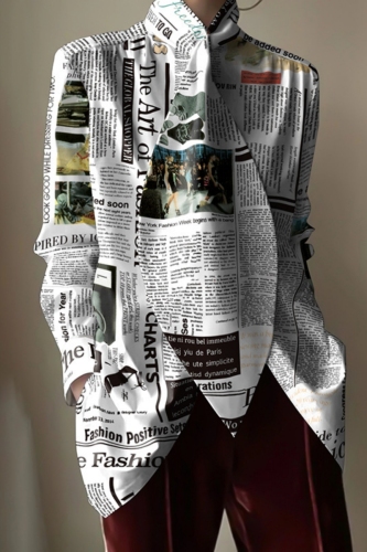White Casual Newspaper Print Mandarin Collar Long Sleeve Formal Office Lady Blouse