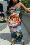 Rose Red Casual Floral Print Sleeveless Backless Spaghetti Strap U Neck Vacation Bodycon Maxi Slip Dress