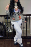 White Casual Geometric Print Mid Waist Double-faced Fleece Pants