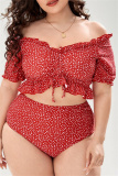 Orange Casual Floral Print Belted V Neck Short Sleeve Ruffle Trim Crop Tops And Mini Shorts Bikini Sets Beach Vacation Plus Size Swimwears
