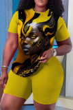 Black Gold Casual Figure Print O Neck Short Sleeve Oversize T-Shirt And Shorts Two Pieces Shorts Set