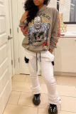 White Casual Geometric Print Mid Waist Double-faced Fleece Pants