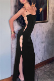 Black Sleeveless Hollow Out Side Slit Formal Evening Party Long Maxi Slip Dresses