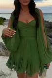 Green Print Backless V Neck Long Sleeve Cross Straps Formal Evening Party Vacation Lace Mini Dresses