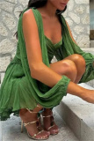 Green Print Backless V Neck Long Sleeve Cross Straps Formal Evening Party Vacation Lace Mini Dresses