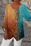 Pink Casual Print V Neck Long Sleeve Irregular Hem Vacation Blouse