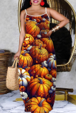 Black White Halloween Pumpkin Print U Neck Backless Spaghetti Strap Floor Length Vacation Baggy Sundress Slip Maxi Dress