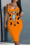 Orange Casual Graphcis Print U Neck Sleeveless Vacation Bodycon Midi Tank Dress