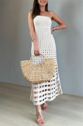 Casual Solid Color Hollow Out Ruched O Neck Long Dresses