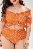 Orange Casual Floral Print Belted V Neck Short Sleeve Ruffle Trim Crop Tops And Mini Shorts Bikini Sets Beach Vacation Plus Size Swimwears