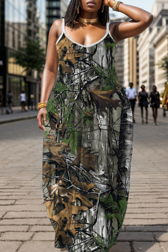 Pink Graphics Print U Neck Backless Spaghetti Strap Floor Length Vacation Baggy Sundress Slip Maxi Dress