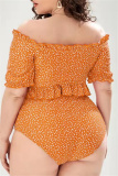 Orange Casual Floral Print Belted V Neck Short Sleeve Ruffle Trim Crop Tops And Mini Shorts Bikini Sets Beach Vacation Plus Size Swimwears
