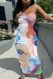Rose Red Casual Floral Print Sleeveless Backless Spaghetti Strap U Neck Vacation Bodycon Maxi Slip Dress