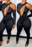 Black O Neck Long Sleeve Hollow Out Ruched Skinny Jumpsuits One Piece Bodysuit
