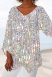 Pink Casual Print V Neck Long Sleeve Irregular Hem Vacation Blouse