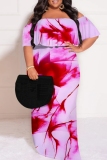 Multicolor Casual Graphics Print Off Shoulder Flutter Sleeve Long Loose Vacation Plus Size Maxi Dresses
