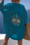 Rose Red Casual Eye Print Sequins Turndown Collar Long Sleeve Vacation Cotton And Linen Shirt