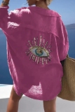 Rose Red Casual Eye Print Sequins Turndown Collar Long Sleeve Vacation Cotton And Linen Shirt