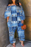 Blue Graphcis Print Off Shoulder Long Sleeve Casual Vacation Harem Leg Jumpsuits