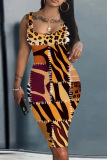 Orange Casual Graphcis Print U Neck Sleeveless Vacation Bodycon Midi Tank Dress