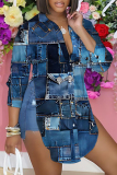 Royal Blue Casual Graphics Print Shirt Collar Long Sleeve Vacation Side Slit Blouse