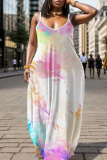 Pink Graphics Print U Neck Backless Spaghetti Strap Floor Length Vacation Baggy Sundress Slip Maxi Dress
