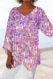 Pink Casual Print V Neck Long Sleeve Irregular Hem Vacation Blouse